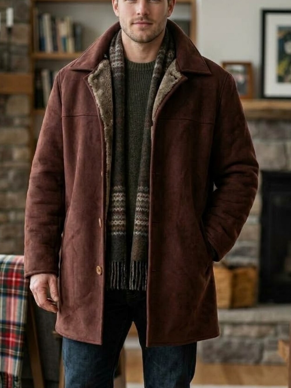 Men's Winter Brown Suede Shearling-Lined Coat